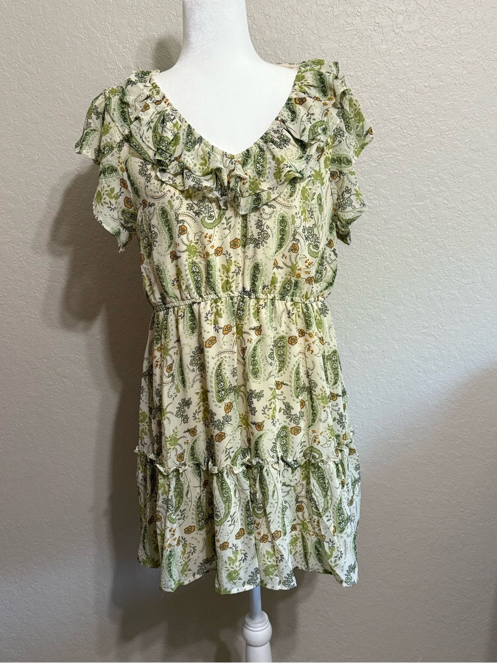 Umgee Green Paisley Ruffle Mini Dress